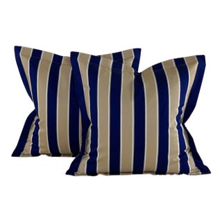 Designer Vicki Payne Free Spirit Cream Navy Taupe Stripe Pillow Covers- Set of 2 For Sale
