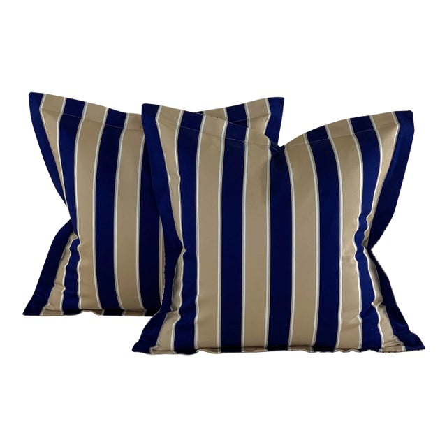 Designer Vicki Payne Free Spirit Cream Navy Taupe Stripe Pillow Covers- Set of 2 For Sale