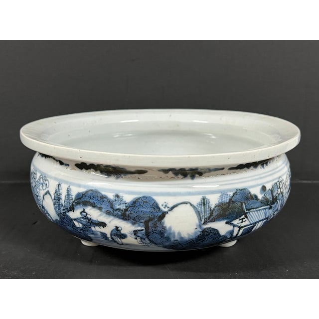 Ceramic Late 20th Century Chinese Art Porcelain Blue and White Incense Burner With Mountain Scenery Design For Sale - Image 7 of 14