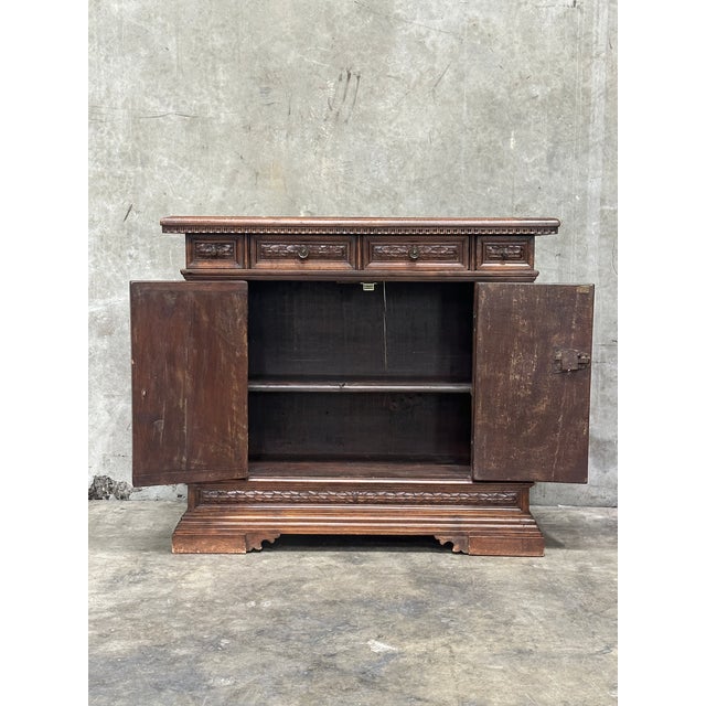 19th Century Carved Oak Sideboard Buffet Cabinet Renaissance Revival 44” For Sale - Image 12 of 18