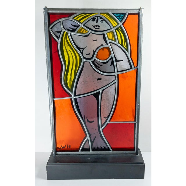 1960's Mid-Century Stained Glass Window Panel of a Figure, Signed For Sale - Image 10 of 16
