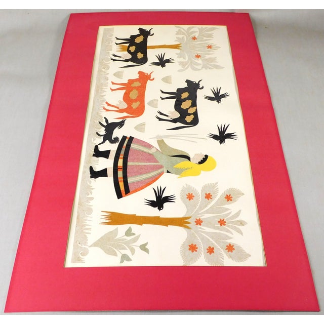 Rustic 1960s Vintage Chine Collé / Papier Collé Pastoral Folk Scene Primitive Art Reproduction For Sale - Image 3 of 15
