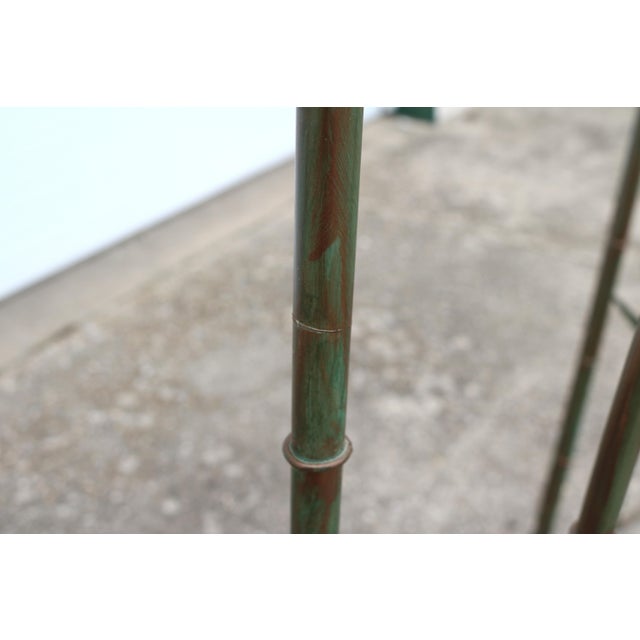 Metal Vintage Three Panel Green and Copper Hand Painted Metal Faux Bamboo Screen Room Divider For Sale - Image 7 of 9