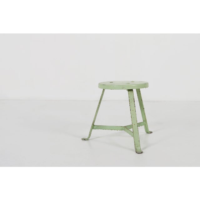 Industrial Green Painted Stool with Steel Base and Wooden Top, 1930s For Sale - Image 6 of 9