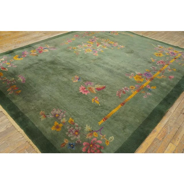 Art Deco 1920s Green Floral Bamboo Antique Chinese Art Deco Carpet 7' 10'' X 9' 7'' Knotted Wool Rug For Sale - Image 3 of 11