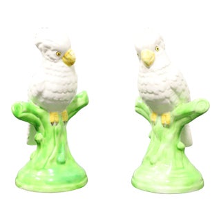 Italian Ceramic White Parrots - Pair For Sale