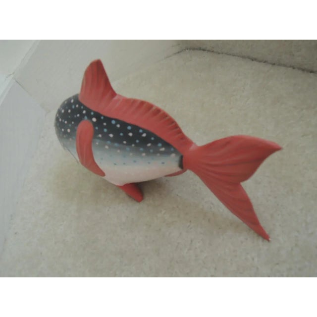 Red Wooden Fish Hand Painted Whimsical Island Art For Sale - Image 8 of 12