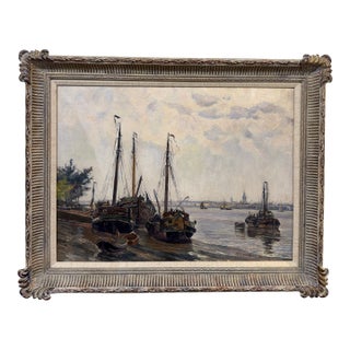 Late 19th Century Oil "Leeboard Barges" by Edward De Looz-Block For Sale