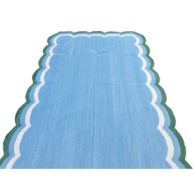 Sky Blue Handmade Cotton Area Scalloped Rug Sky Blue, Cream and Forest Green Border Dhurrie - 12'x15' For Sale - Image 8 of 11