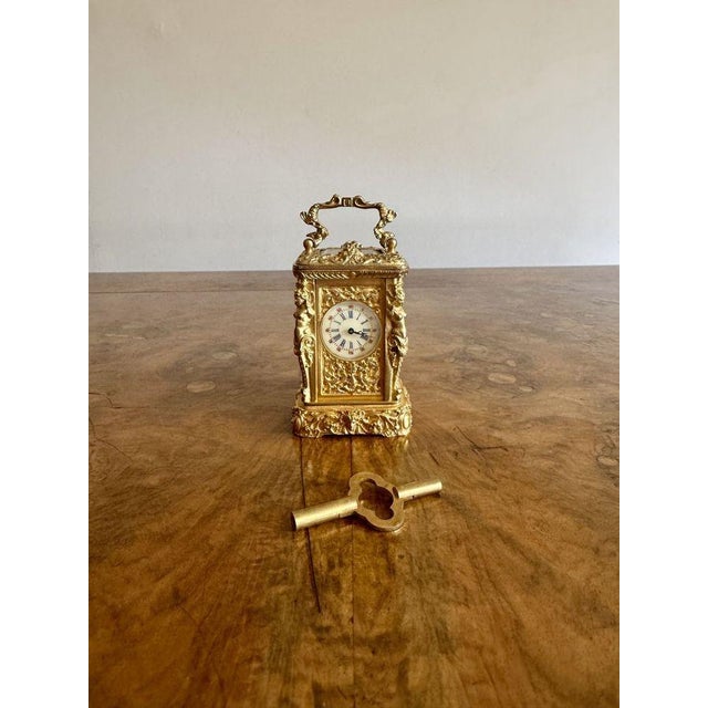 Late 19th Century Antique Victorian Ornate Brass Miniature Carriage Clock, 1890 For Sale - Image 5 of 7