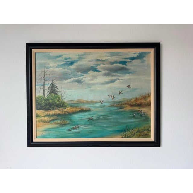 Abstract 1979 Vintage “Ducks Over Marshland” Landscape Oil Painting by Little, Framed For Sale - Image 3 of 12