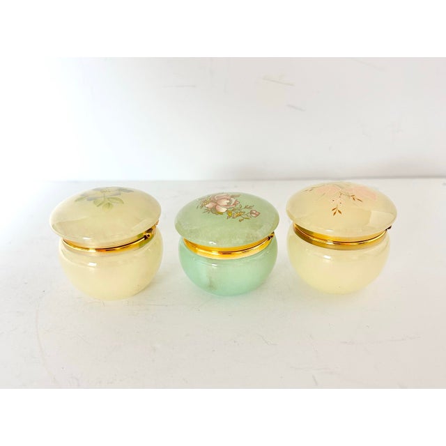 Alabaster Vintage Italian Alabaster Trinket Boxes – Hand Painted Floral Stone Pill Boxes, Vintage Vanity Decor, Made in Italy - Set of 3 For Sale - Image 8 of 10