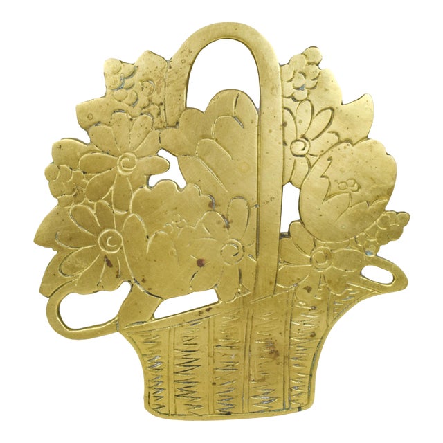 Vintage Omnibus Solid Brass Flower Basket Hot Dish Trivet For Sale