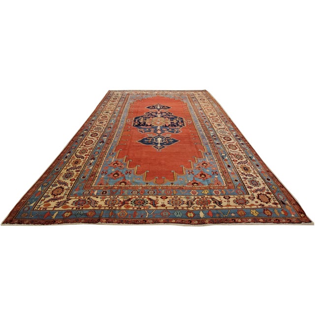 Antique Bakshaish Carpet, Oriental Persian Handmade in Ivory, Blue and Red For Sale - Image 17 of 18