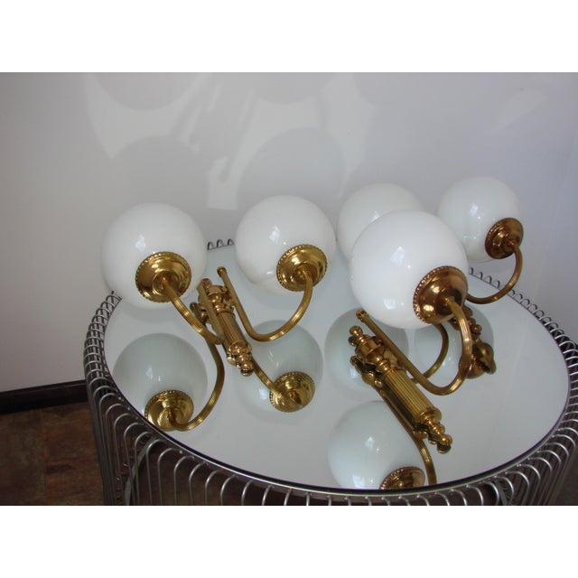 1960s Vintage Brass Wall Lights with Frosted Glass Globes, 1960s, Set of 3 For Sale - Image 5 of 7