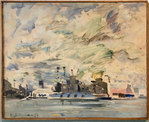 Raoul Middleman, 1972 Gestural Oil Painting Boat in Harbor Figural Abstraction Raoul Middleman, 1972
