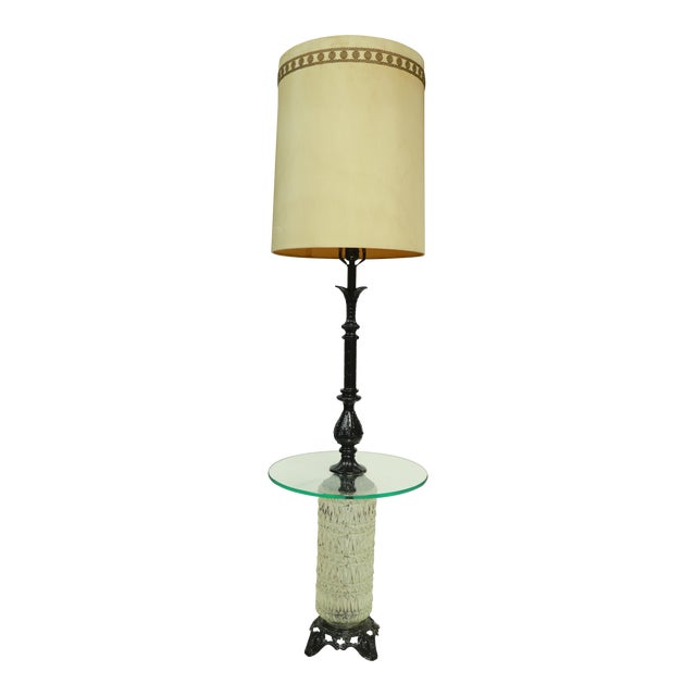 1970s Hollywood Regency e.f. Industries Wrought Iron and Glass Floor Lamp/Side Table For Sale