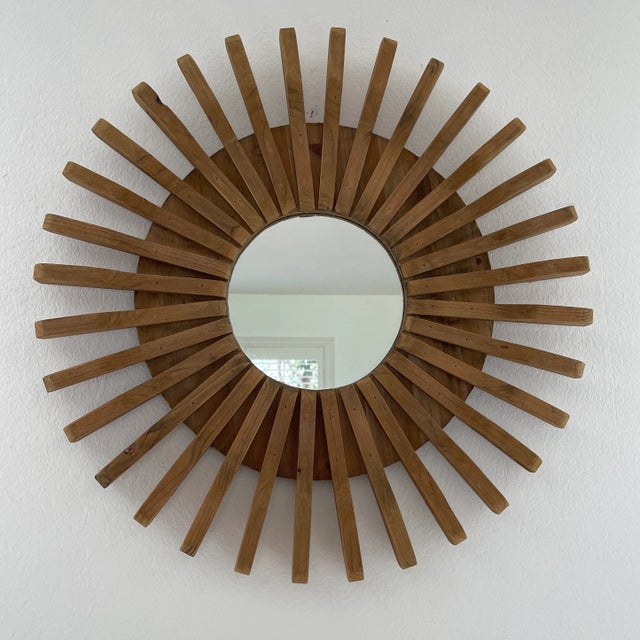 1980s 1980s Natural Wood Sunburst Mirror For Sale - Image 5 of 10