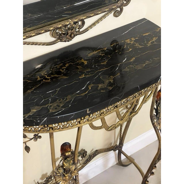 Metal 1920s Oscar Bach Gilded Iron Console and Beveled Mirror Set With Black Marble Top, Attributed For Sale - Image 7 of 18