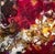 This mixed media piece showcases a vibrant interplay of deep reds, golds, and whites, creating a dynamic surface that...