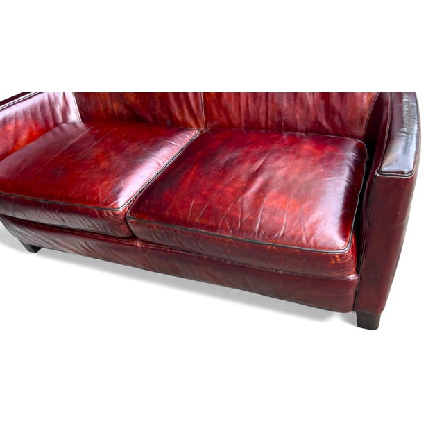 Crate & Barrel Vintage Hand-Dyed Burgundy Leather Loveseat With Rich Patina and Sloped Arms For Sale - Image 9 of 15