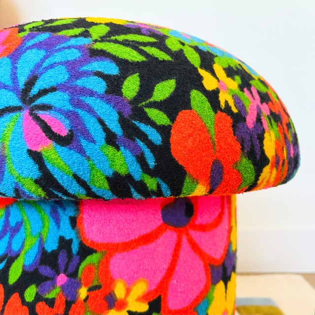 Pink Mushroom Ottoman in Colorful Floral Mid Century Vintage Fabric For Sale - Image 8 of 15