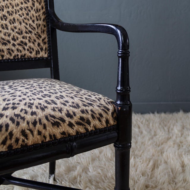 Leopard Upholstered Black Faux Bamboo Directoire Style Armchairs For Sale - Image 15 of 18
