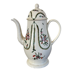Antique 18th Century English Georgian Leeds Creamware Coffee Pot With Neoclassical Floral Garland Decoration