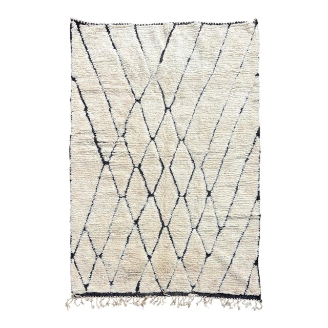 Authentic Moroccan Beni Ourain Rug, Hand Knotted Wool Berber Carpet, Large Ivory Black Diamond Area Rug For Sale