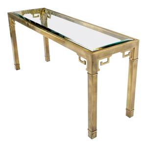 Greek Key Glass Top Mastercraft Solid Square Brass Profile Console Sofa Table