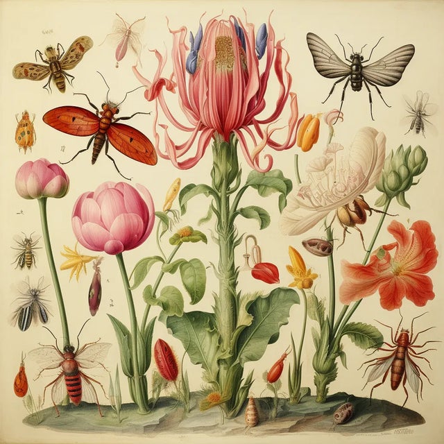 'Insects and Flowers' # 25 - Framed Original Print by Diane Grant Studio. From a series of prints, see my other listings....