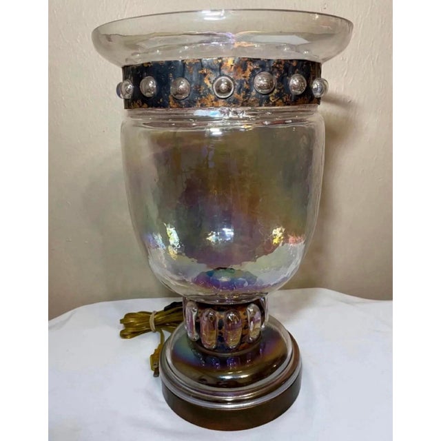 Transparent Mid 20th Century Brutalist Derflingher Style Blackened Copper Iridescent Caged Glass Hurricane Lamp For Sale - Image 8 of 12