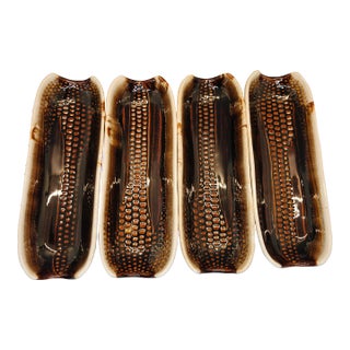 Corn on the Cob Dishes , Set 4 Pfaltzgraff , Brown Drip Embossed Corn Husk Pattern, Corn Holder Dishes For Sale