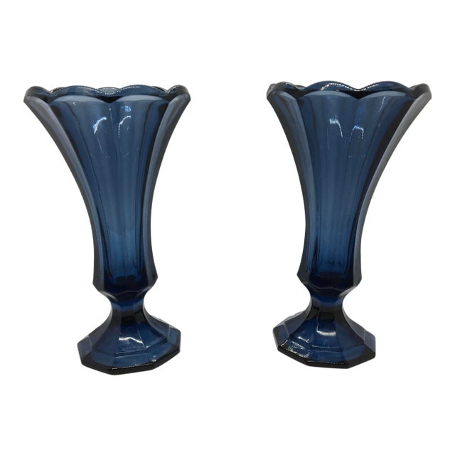 Vintage 1980s Blue Fostoria Glass Vases - a Pair For Sale
