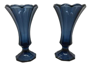 Vintage 1980s Blue Fostoria Glass Vases - a Pair