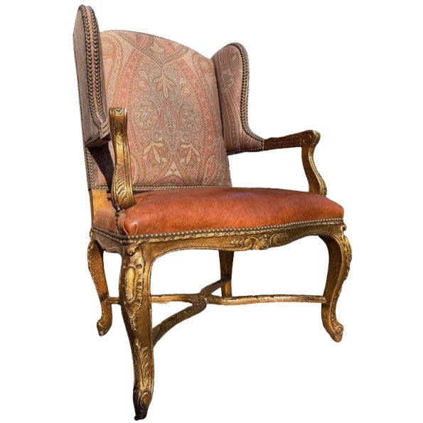 A Pair of Custom Ralph Lauren Wingback Lounge Chairs Upholstered in Leather and Paisley For Sale - Image 10 of 18