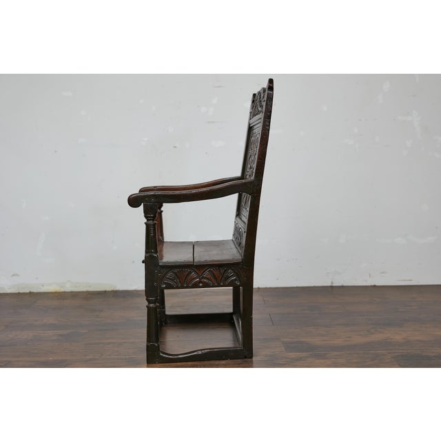 English English Jacobean 1690s Oak High Back Armchair with Carved Décor and Turned Legs For Sale - Image 3 of 12