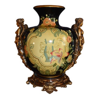 Vintage Neoclassical Ceramic Amphora Vase Lyre Floral Gilt Figural Urn 15” For Sale