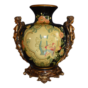 Vintage Neoclassical Ceramic Amphora Vase Lyre Floral Gilt Figural Urn 15”