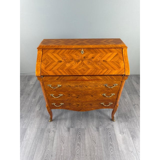 19th Century Louis XV Drop-Front Secretary Desk in Veneered and Inlaid Wood, 1890s For Sale - Image 3 of 13