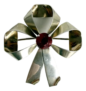 Sterling Silver Bow Brooch With Red Gemstone