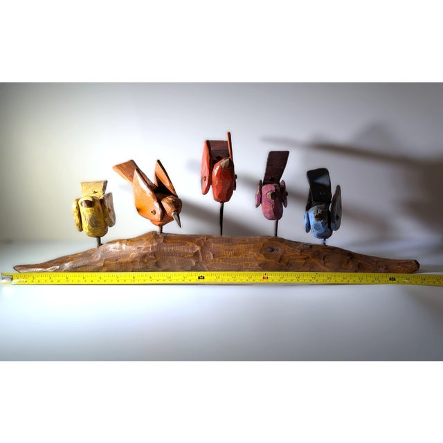 Wood Contemporary Folk Art From Mikel Davison - Colorful Birds Sitting on a Log For Sale - Image 7 of 8