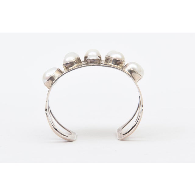 Vintage Sterling Silver and Pearl Artisan Wide Cuff Bracelet, 1980's. For Sale - Image 10 of 11