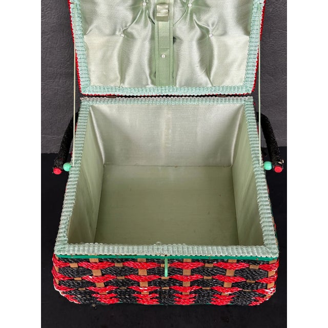 Red Plaid Woven Rattan Sewing Basket For Sale - Image 9 of 16