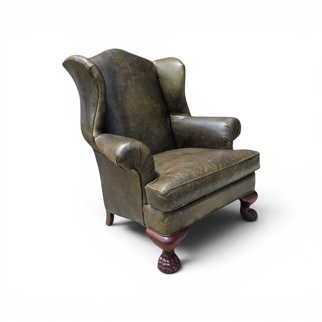 Late 20th Century Vintage English Georgian Style Distressed Olive Green Leather Wingback Library Armchair With Ball & Claw Feet For Sale - Image 5 of 12