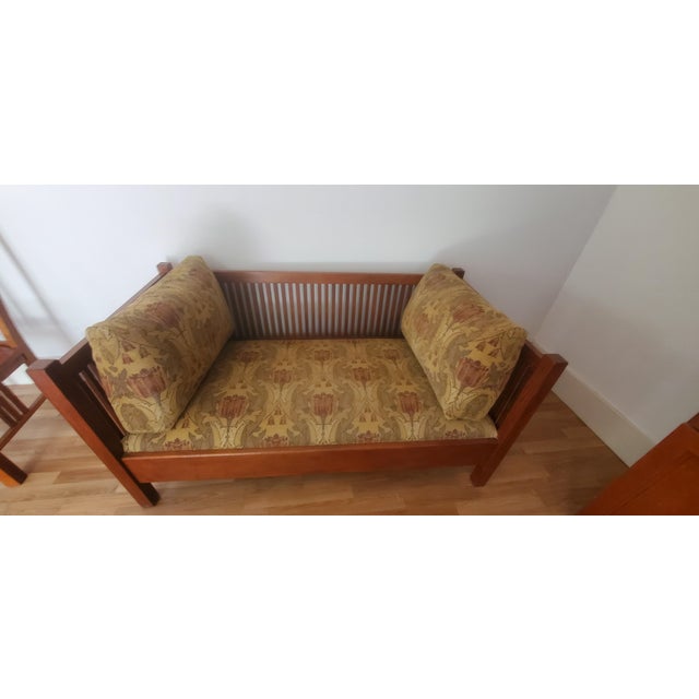 There is one green floral, and one purple geometric love seat for sale. Custom made they each measure at 32 inches deep,...