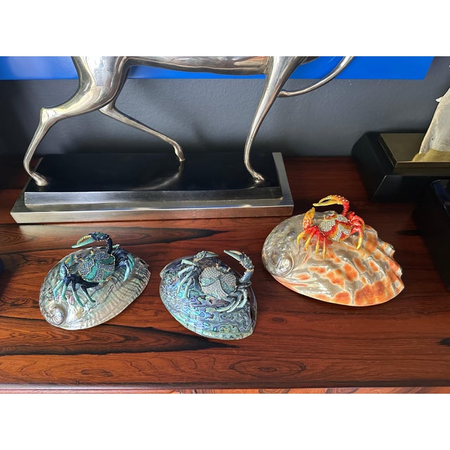 Jeweled Enameled Crab Paperweight on Abalone Shell For Sale - Image 4 of 12