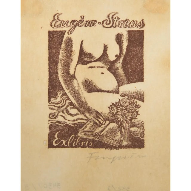 Michel Fingesten, Ex Libris Eugène Strens, Woodcut, 1930s For Sale