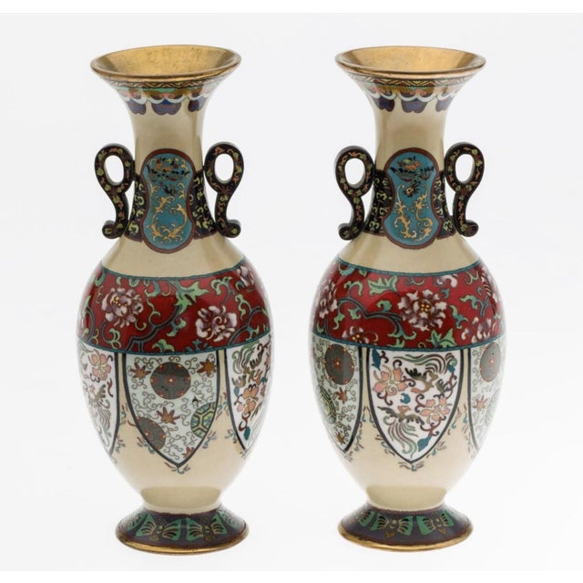 Pair Japanese Cloisonne Enamel Vases With Phoenix Panels Meiji Period For Sale In New York - Image 6 of 10