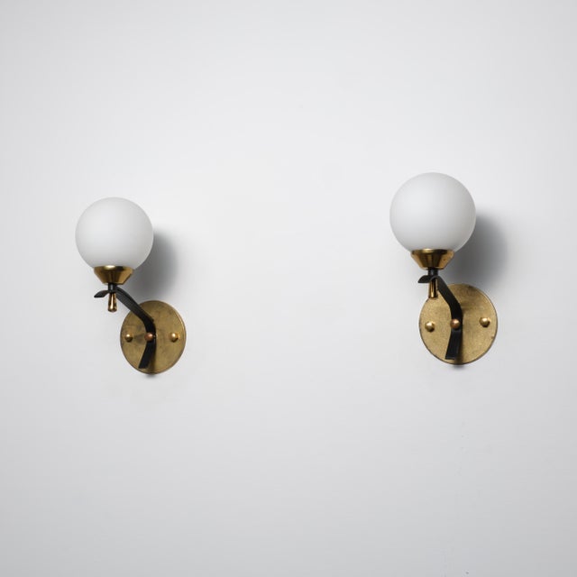 Vintage Italian Wall Sconces in Brass and Opaline Glass Shade, 1950s, Set of 2 For Sale - Image 9 of 11